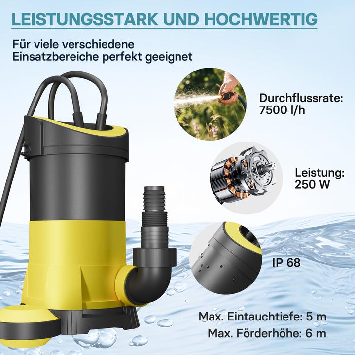 Actual product image Wiltec Waste Water Pump with 5000l/h, 250W and 6m Pumping Head, handles Pollutants up to Ø5mm (Sewage pump)