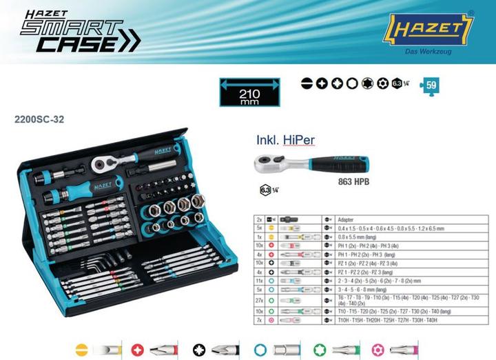 Actual product image HAZET SmartCase Bit Set 2200SC-32 ∙ Hexagon6.3 (1/4 inch), Square6.3 mm (1/4 inch) ∙ Slot P... (Cross Phillips PH M1, Cross Phillips PH M2, Cross Phillips PH M3, Cross Pozidriv PZ M1, Cross Pozidriv PZ M2, Hexagonal (hexagonal) M3, Hexagon socket TX M25, Hexagon socket TX M30, Hexagon socket TX M40, Hexagonal (hexagonal) M4, Hexagonal (hexagonal) M5, Hexagonal (hexagonal) M6)