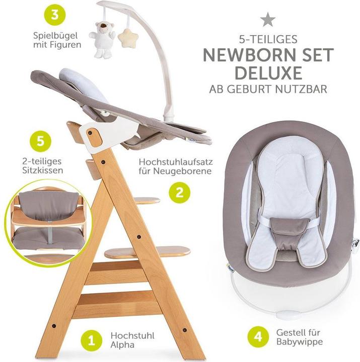 Produktbild Hauck Hochstühle Alpha Plus Natur Newborn Set Deluxe - 4-tlg. Hochstuhl (Hochstuhl Sitzerhöhung)