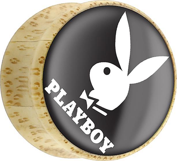 Star Piercing Flared Plug aus Bambusholz Playboy Bunny auf schwarzem grund (Organisch, ohne Messing, Mineralisch)