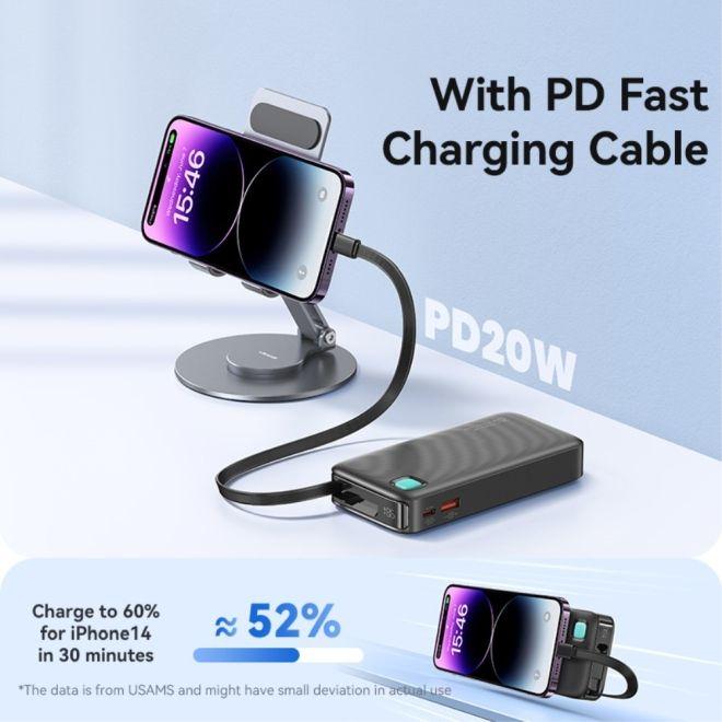 Actual product image Usams Powerbank ze zwijanym kablem USB-C Retractable 10000 mAh PD 20W Fast Charge XY Series czarny/b (10000 mAh, 50 W, 50 Wh)