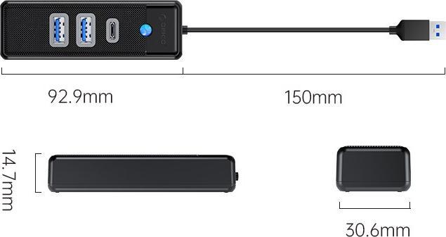 Immagine prodotto Orico Adattatore Hub USB a 2x USB 3.0 + USB-C, 5 Gbps, 0,15 m (nero) (USB-C, 3 Porti)