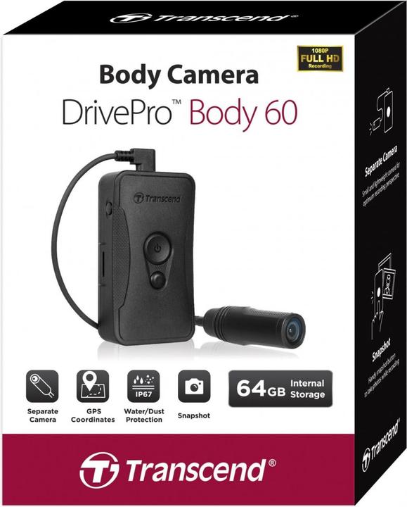 Produktbild Transcend DrivePro Body 60 (Bluetooth, WLAN, Eingebautes Display, Beschleunigungssensor, GPS-Empfänger, Full HD)