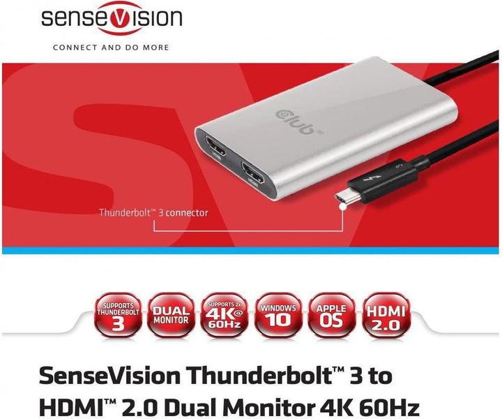 Actual product image Club 3D Thunderbolt 3 on Dual HDMI 2.0 (HDMI, 20 cm)