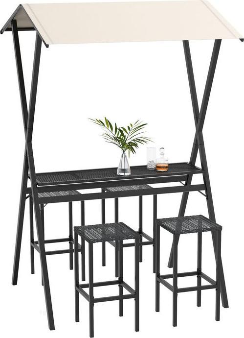 Immagine prodotto Swisshandel24 Set bar da giardino tavolo da bar in rattan con 4 sgabelli da bar, con tetto, dinette, poggiapiedi