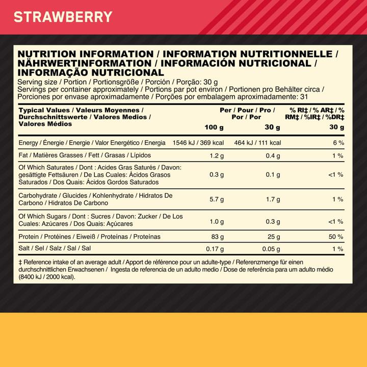 Valeurs nutritives et ingrédients Optimum Nutrition Isolat Gold Standard (Fraise, 1 pcs, 930 g)