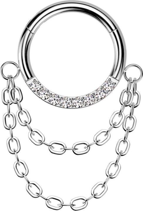 Star Piercing Micro Segmentring klappbar silber front Kristalle silber Anhänger zwei Ketten (Titan G23)