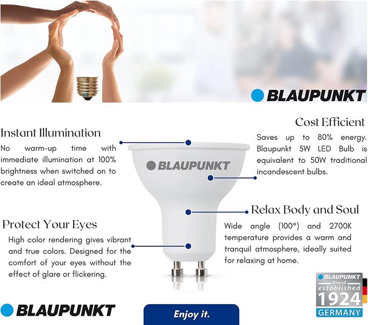Actual product image Blaupunkt LED GU10 Bulb - Spotlight - Reflector - 5W - Warm White 2700K - Led Bulbs - Pack of 4 (GU10, 5 W, 475 lm, 4 x, F)