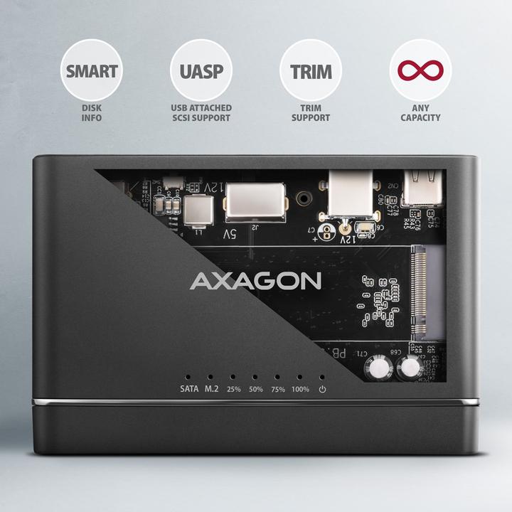 Produktbild Axagon ADSA-CC USB-C - NVMe M.2 SSD & SATA 2.5"/3.5" SSD/HDD CLONE MASTER (M.2 2242, M.2 2260)