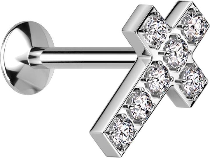 Star Piercing Micro Threadless UFO Labret silber Kreuz silber Kristalle silber (ohne Messing, Chirurgenstahl 316L)