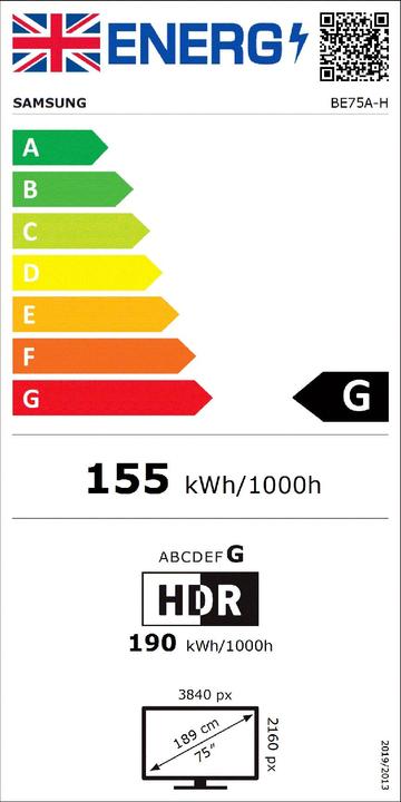 Energy Label Samsung 75-inch business TV BE75A-H LED 4K UHD 16/7 250 nits TIZEN business TV program 3 years (LH75 (75", LCD, 4K)