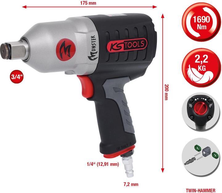 Image du produit KS Tools Clé à chocs pneumatique 3/4" MONSTER haute performance, 1690 Nm, 88 dbA (Air comprimé)