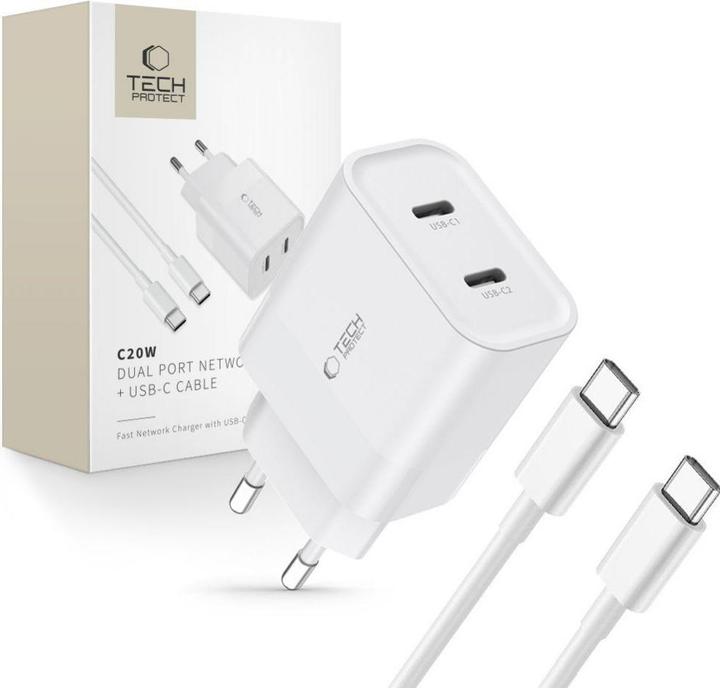 Tech-Protect C20W 2x USB-C PD Chargeur réseau 20W avec câble USB-C / USB-C - blanc (20 W)