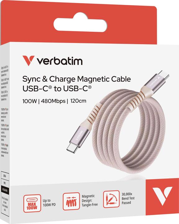 Actual product image Verbatim Sync & Charge Magnetic Cable - 100W USB-C to USB-C 120 cm Pink (1.20 m, USB 2.0)