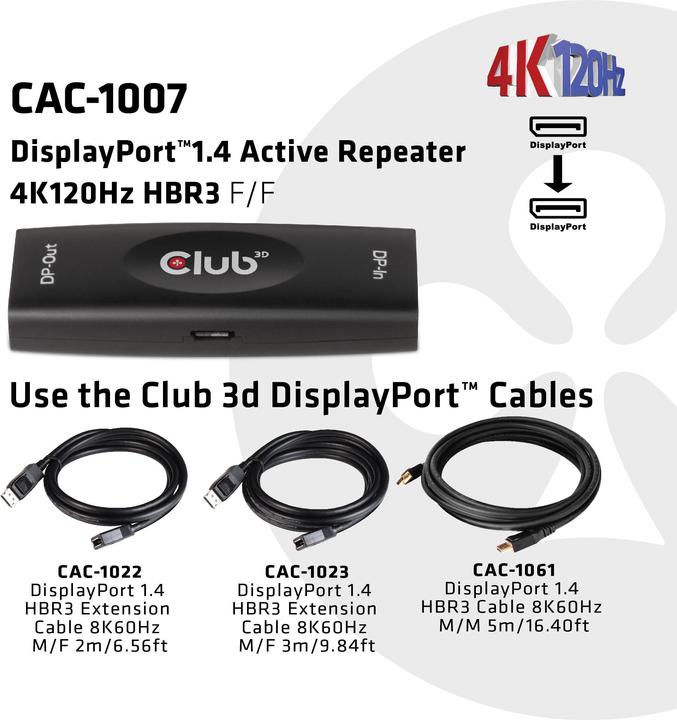 Immagine prodotto Club 3D Ripetitore DisplayPort 1.4 > DisplayPort 1.4 (USB 2.0, 2.50 cm)