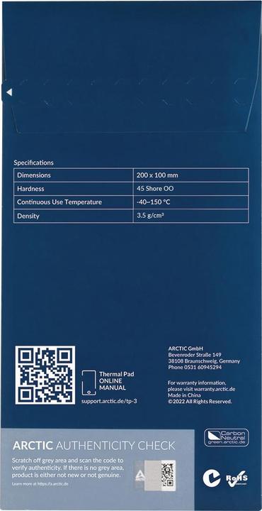 Actual product image Arctic TP-3 (200x100mm, t:0.5mm) Pack of 2pcs (0.50 mm, 6 W/m K)