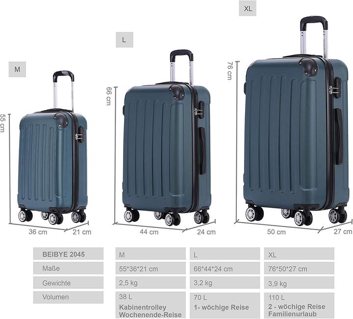 Immagine prodotto Beibye Valigia da viaggio Twin Wheels 3pcs Verde scuro (M (50 - 90l), L (90 - 115l), XL (da 115l))