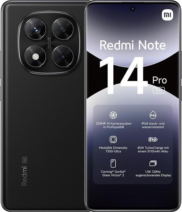 Produktbild Xiaomi Redmi Note 14 Pro 5G (512 GB, Midnight Black, 6.67", Dual SIM, 200 Mpx, 5G)