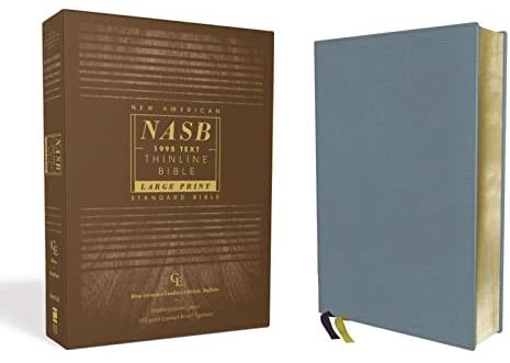 Actual product image NASB, Thinline Bible, Large Print, Genuine Leather, Buffalo, Blue, Red Letter, 1995 Text, Comfo (Checked, Hardcover)