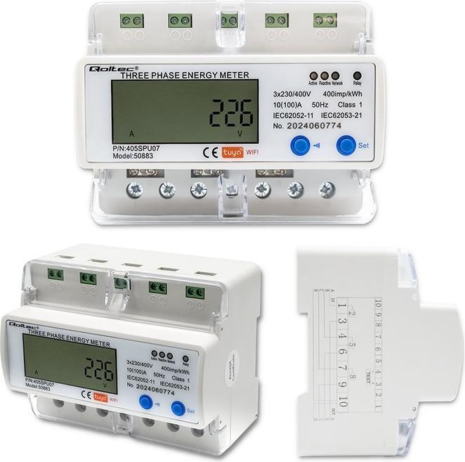 Produktbild Qoltec 50883 Three phase electronic energy consumption meter for DIN rail | Wi-Fi | TUYA | 400V | LC