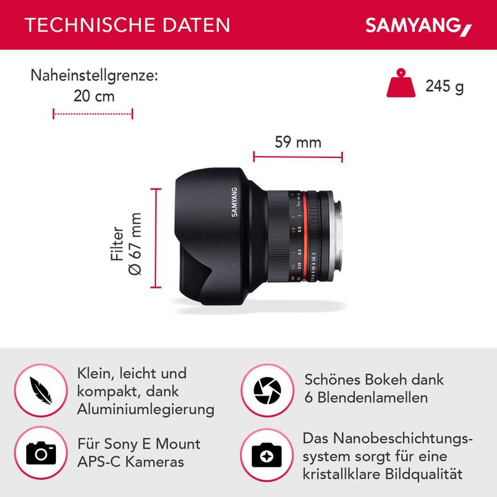 Produktbild Samyang 12mm f/2 NCS CS - Sony E (Sony E, APS-C / DX)