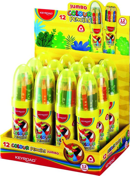 Productafbeelding Keyroad potloodkrijtjes, jumbo, driehoekig, 12 stuks, in een metalen koker in de vorm van een raket (Veelkleurig, 12 x)