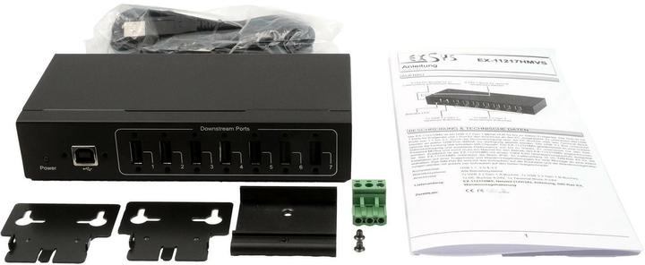 Produktbild Exsys 7 Port USB 2.0 Metall-HUB, für Tisch, Wand- und DIN-Rail Montage, inkl. USB 2.0 (USB-B, 7 Ports)