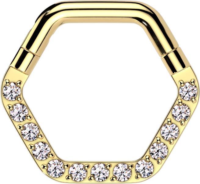 Star Piercing Micro Segmentring klappbar vergoldet Hexagon front Kristalle silber (Titan G23, ohne Messing)