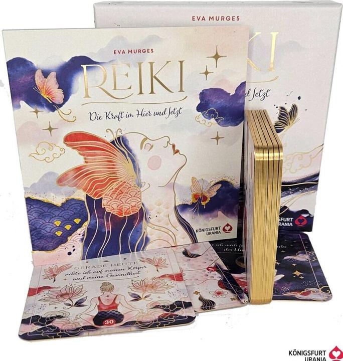 Produktbild Reiki – Die Kraft im Hier und Jetzt: 32 Achtsamkeitskarten mit Goldfolie und Goldschnitt (Deutsch, Eva Murges, 2024)