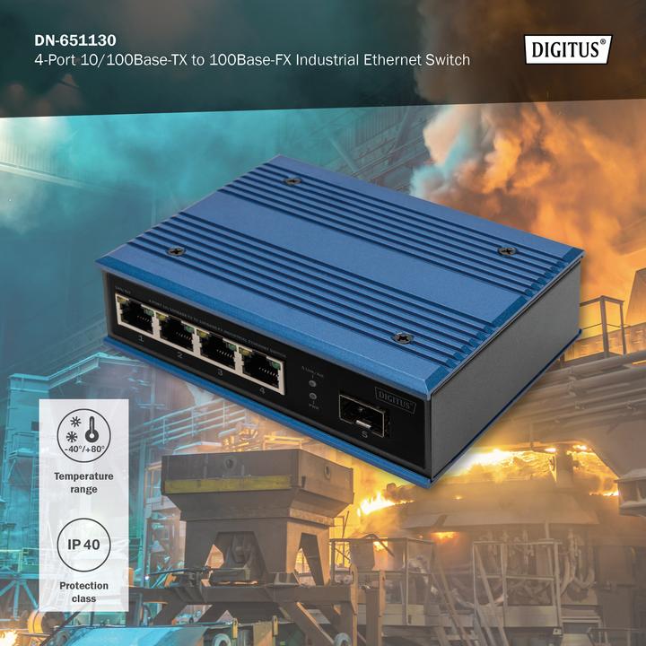 Immagine prodotto Digitus Switch Ethernet industriale da 4 porte 10/100Base-TX a 100Base-FX (4 Porti)