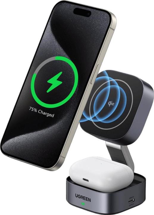 Produktbild Ugreen W702 3in1 inductive charger with MagSafe / Qi2 and USB-C port for phone / headphones - black (15 W)