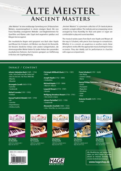Image du produit Alte Meister für Querflöte und Klavier/Orgel (Anglais, Allemand, Franz Kanefzky, Helmut Hage, 2011)