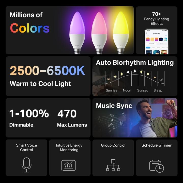 Immagine prodotto TP-Link Smart Light Bulb, E14 Multic. (E14, 4.80 W, 470 lm, 2 x, F)