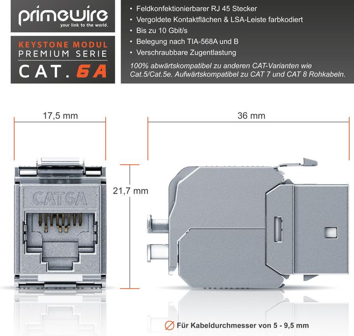 Produktbild Primewire Keystone Modul CAT.6a für LAN Kabel Stecker feldkonfektionierbar, RJ-45 Buchse zu Netzwerkkabel (Keystone Modul)