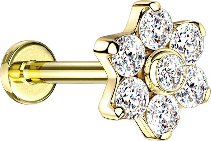 Image du produit Star Piercing Micro Labret femelle doré avec cristaux fleur argentés (sans laiton, Titane G23)
