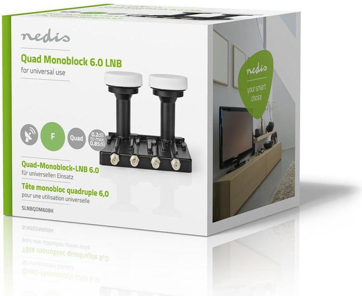 Image du produit Nedis LNB Quad Monoblock 6.0 ° Connecteur de sortie : Connecteur F 4X Gamme de facteur de bruit : 0,85 dB (Quad LNB)