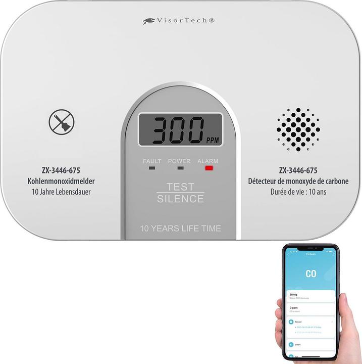 Produktbild VisorTech WLAN-Kohlenmonoxid-Melder mit LCD-Display, 10-Jahres-Sensor, 85dB, App