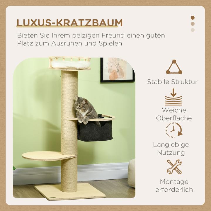 Produktbild PawHut Kratzbaum mit Hängematte und Aussichtsplattform (114 cm, Natur)