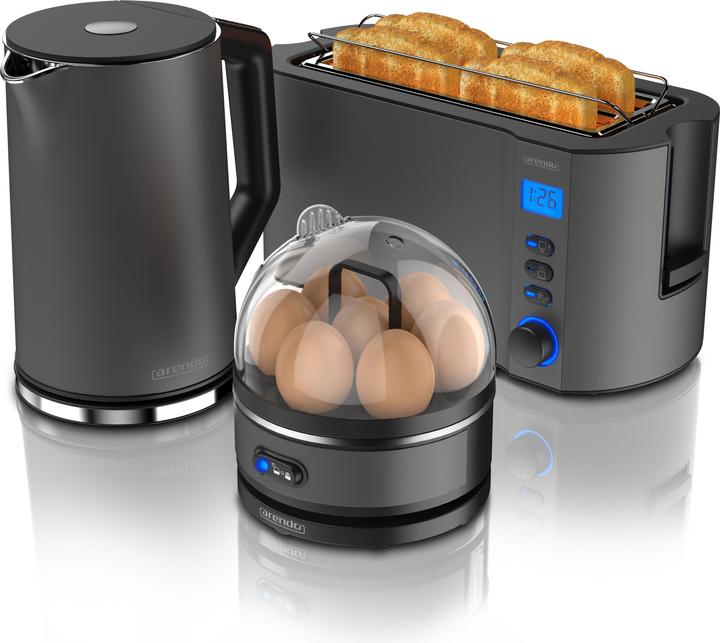Produktbild Arendo Frühstücks Set, Wasserkocher 1,5l Temperaturwahl, 4-Scheiben Toaster & Eierkocher für 7 Eier, Grau
