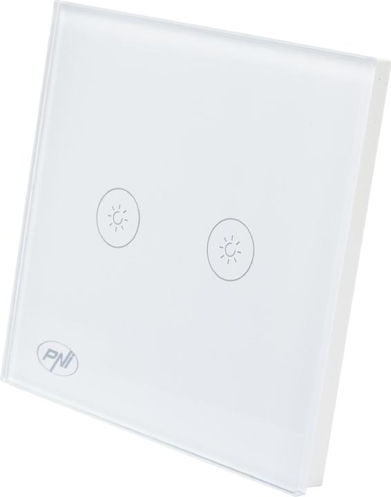 Actual product image PNI Double switch with touch and dimmer SafeHome DIM202, 2X700W, Live Wire, without zero, glass