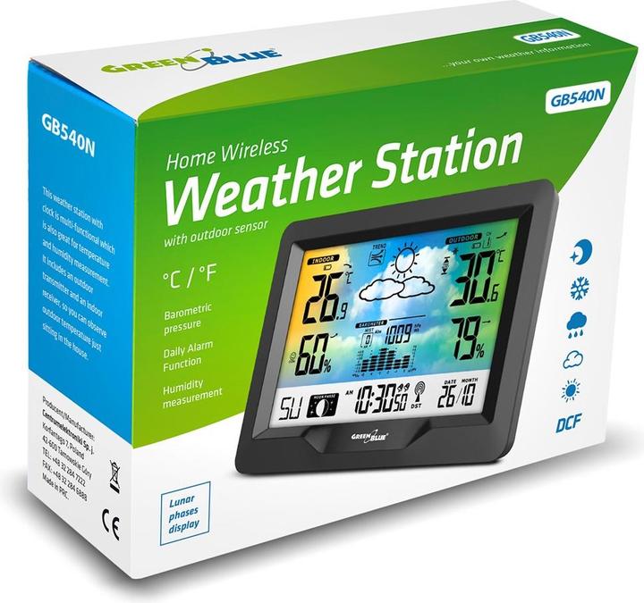 Produktbild Greenblue Funkwetterstation Farbe mit DCF Mondphasen Barometer Kalender Netzteil GB540N