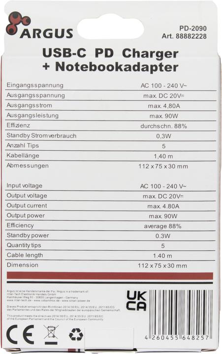 Produktbild Intertech Inter-Tech PD-Charger USB C,PSU PD-2090, PD 90W, schwarz (90 W)