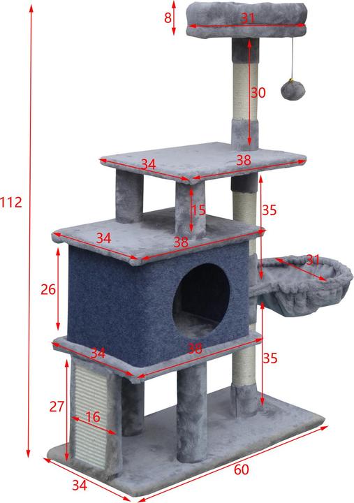 Immagine prodotto Fudajo Albero per gatti grigio chiaro Albero da graffiare alto 112 cm con casetta per gatti e nicchia per (112 cm, Grigio chiaro)