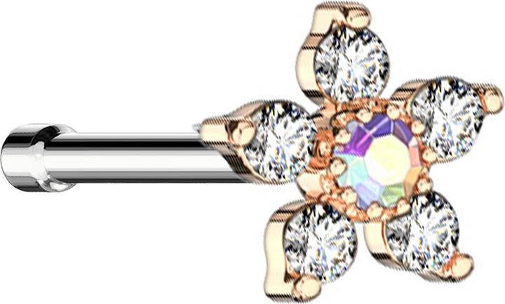 Produktbild Star Piercing Nasenstecker gerade rosegold Blume mit Kristall multicolor und silber (Messing, Chirurgenstahl 316L)