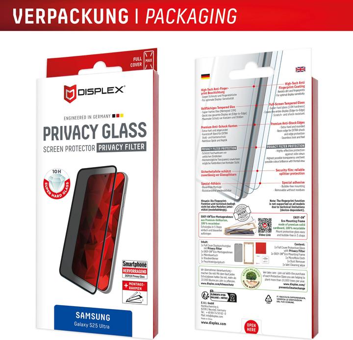 Productafbeelding Displex Privacy Glass, Privacy Full Cover Panzerglas (1 Stuk, Samsung Galaxy S25 Ultra)