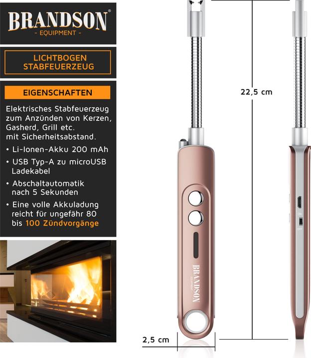 Actual product image Brandson Electric stick lighter, arc lighter, candle lighter, USB rechargeable, for fireplace, barbecue