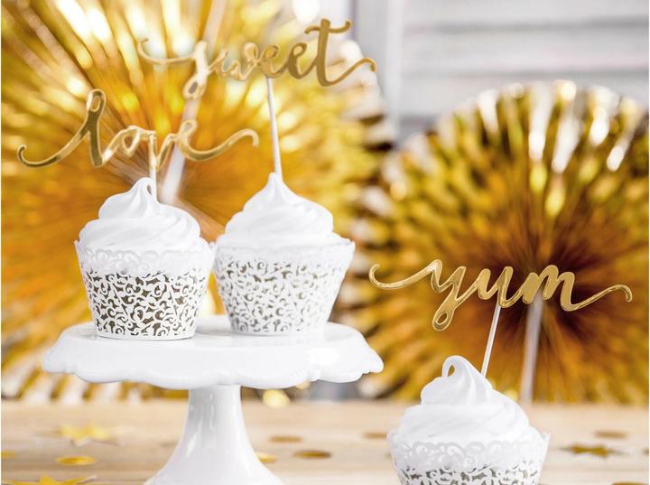 Produktbild Partydeco Kuchen-Topper Set love, sweet, yum 13 cm, 6 Stück, Gold