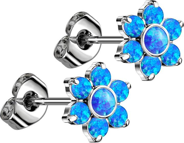 Actual product image Star Piercing Threadless stud earrings silver flower opals blue (without brass, Titanium G23)