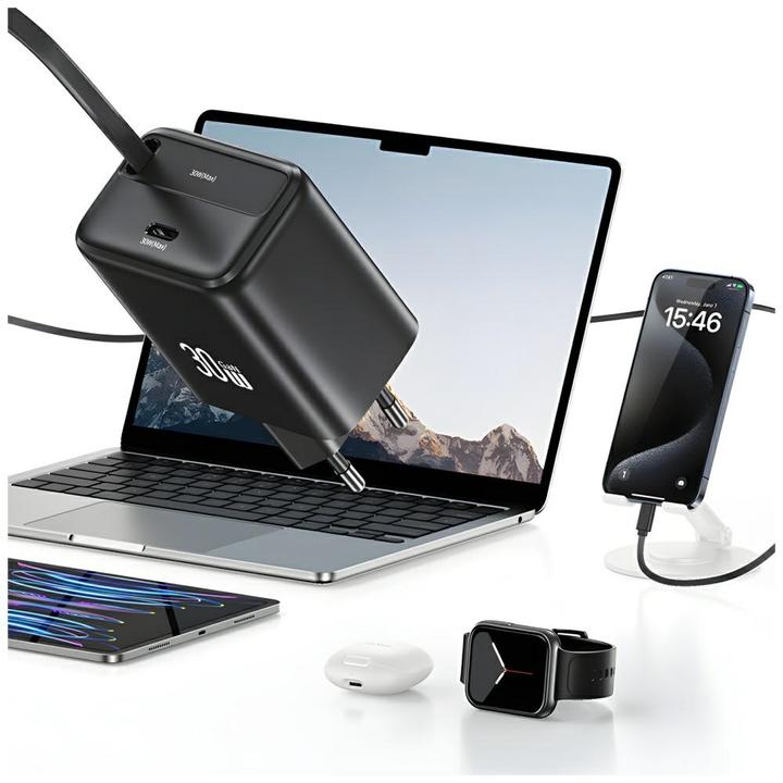 Actual product image Usams Ład. siec. 1xUSB-C ze zwijanym kablem USB-C Retractable PD+QC 30W Gan Fast Charging czarny/bla (30 W)