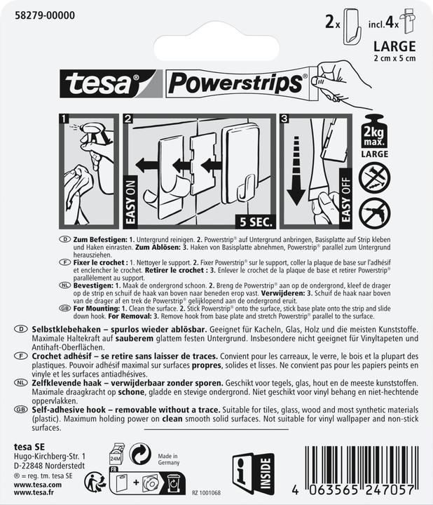 Voedingswaarden en ingrediënten tesa Powerstrips haken LARGE rechthoek, zwart gemaakt van hoogwaardig kunststof, herbruikbaar met
